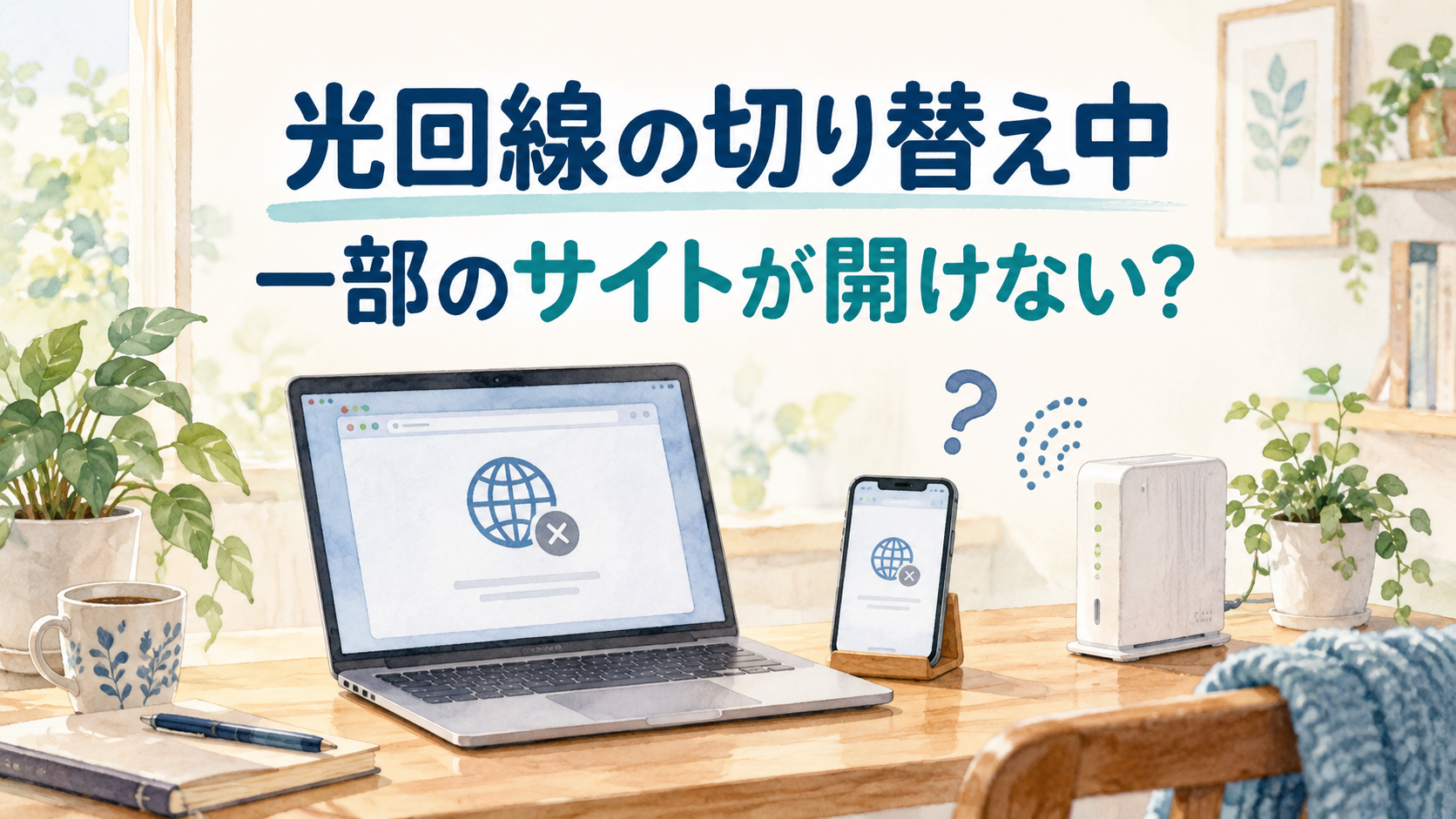 光回線の切り替え中、一部のサイトが開けない状況を表したパソコン・スマートフォン・ルーターのイラスト