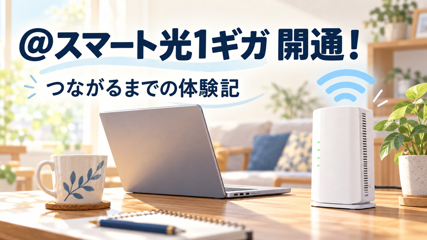 ＠スマート光1ギガの開通体験記。ノートパソコンとWi-Fiルーターのイメージ